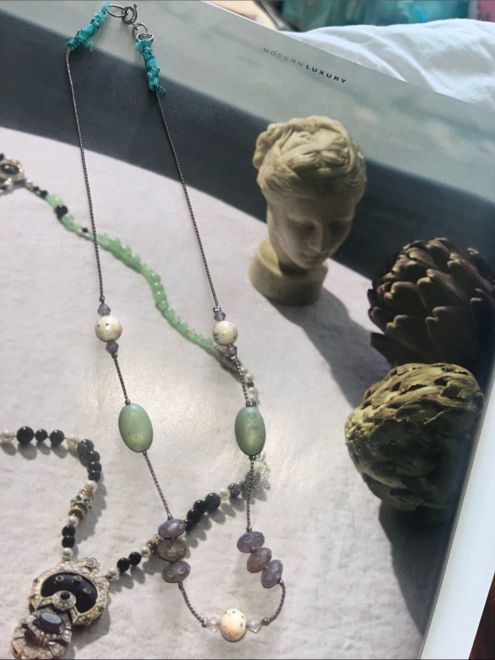 Elegant Multicolor Beaded Women's Necklace - Green, cream and Purple beads